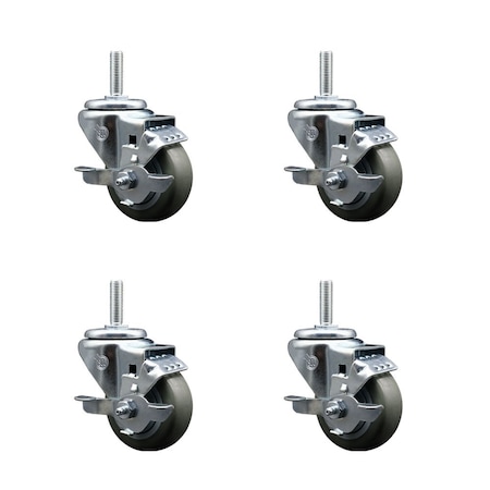 Service Caster 3 Inch Gray Polyurethane Wheel Swivel 34 Inch Threaded Stem Caster Set with Brake SCC SCC-TS20S314-PPUB-TLB-34212-4